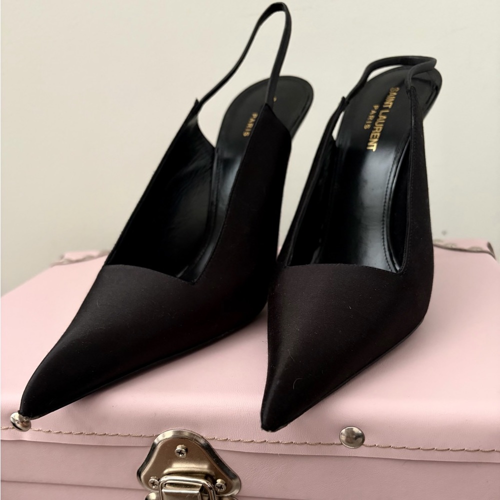 Saint Laurent Black Pointed Slingback Pumps with Gold Logo